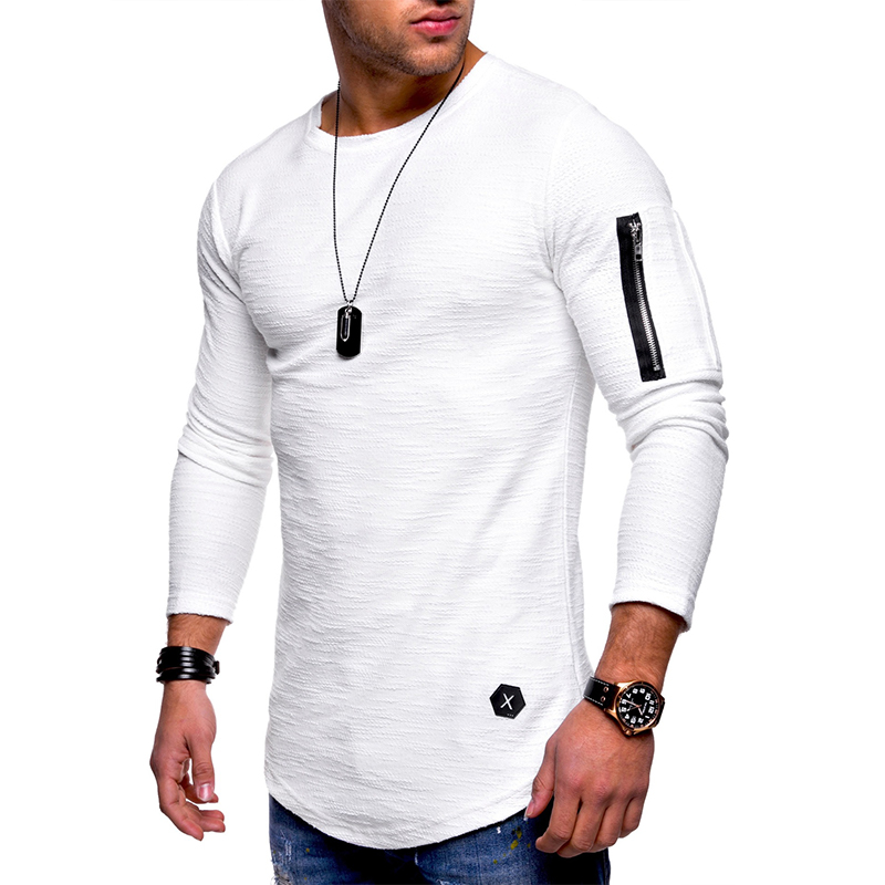 Mens Zipper Slim Fit T-Shirt Pocket Tops Casual Solid Long Sleeve Crew Neck Tee