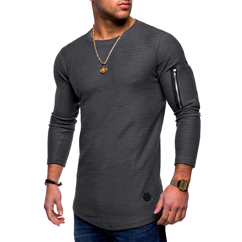 Mens Zipper Slim Fit T-Shirt Pocket Tops Casual Solid Long Sleeve Crew Neck Tee