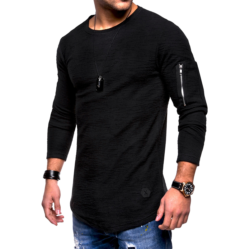 Mens Zipper Slim Fit T-Shirt Pocket Tops Casual Solid Long Sleeve Crew Neck Tee