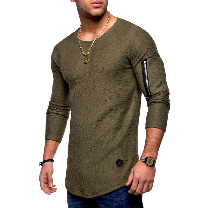 Mens Zipper Slim Fit T-Shirt Pocket Tops Casual Solid Long Sleeve Crew Neck Tee