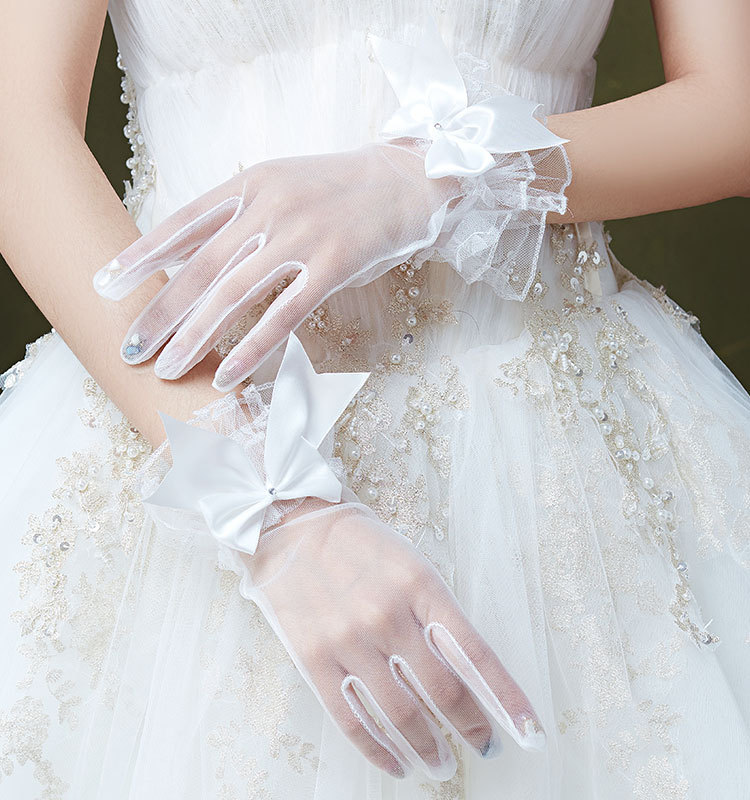 Bride Wedding Dress Gloves Mesh Lace Bow Tie women sweet transparent Gloves