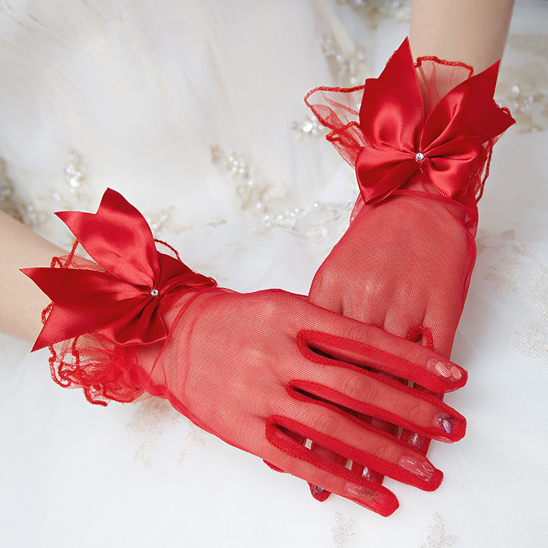 Bride Wedding Dress Gloves Mesh Lace Bow Tie women sweet transparent Gloves