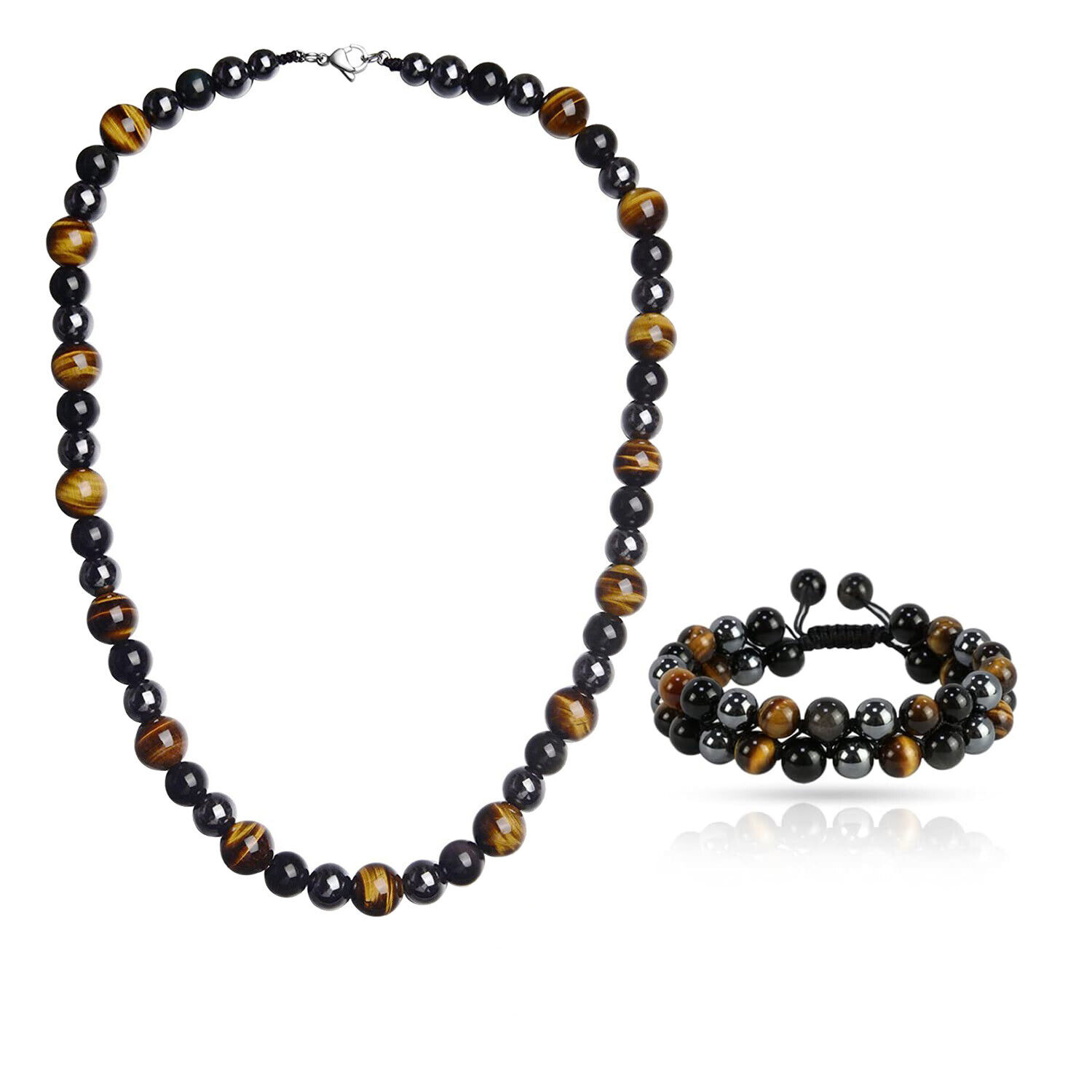 Men Tiger Eye Hematite Beaded Necklace Bracelets Triple Protection Jewelry Sets