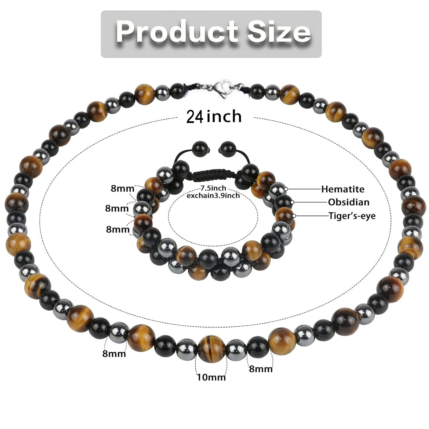 Men Tiger Eye Hematite Beaded Necklace Bracelets Triple Protection Jewelry Sets