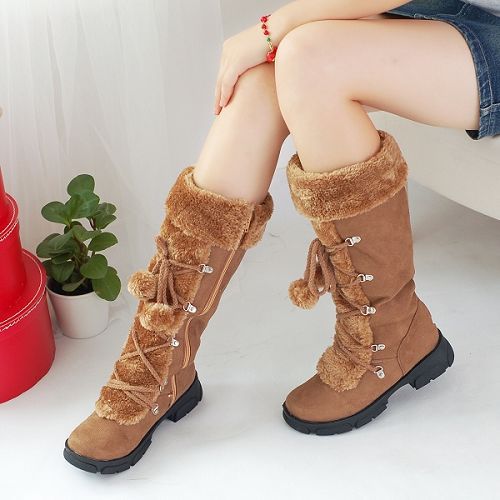 Womens Lace Up Winter Warm Faux Suede Pom Snow Boots Knee High Boots Shoes Size - Imagen 18 de 18