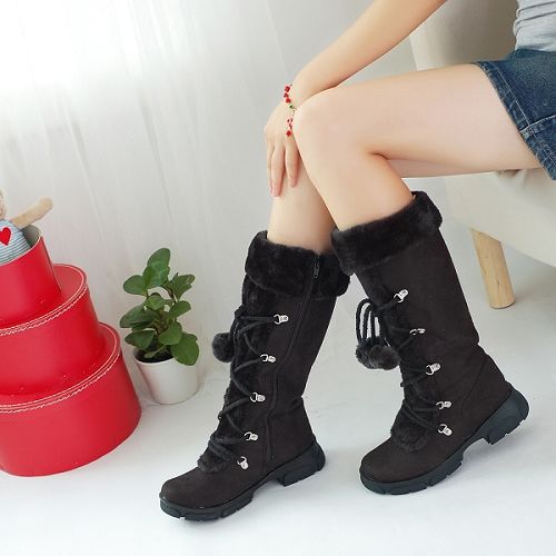 Womens Lace Up Winter Warm Faux Suede Pom Snow Boots Knee High Boots Shoes Size - Imagen 15 de 18