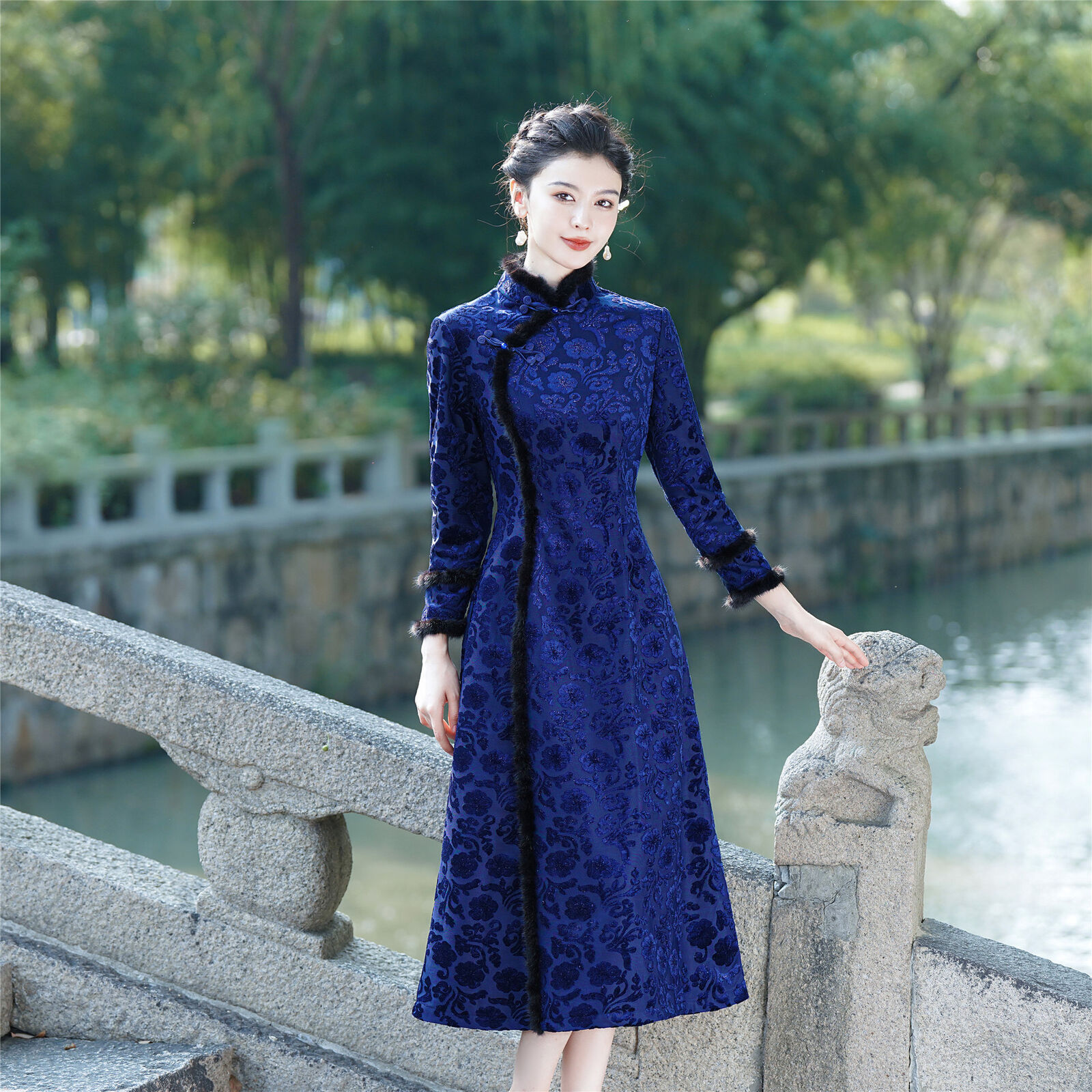 Vestido para mujer Jacquard de piel sintética con mosaico cuello de pie línea Cheongsam Qipao