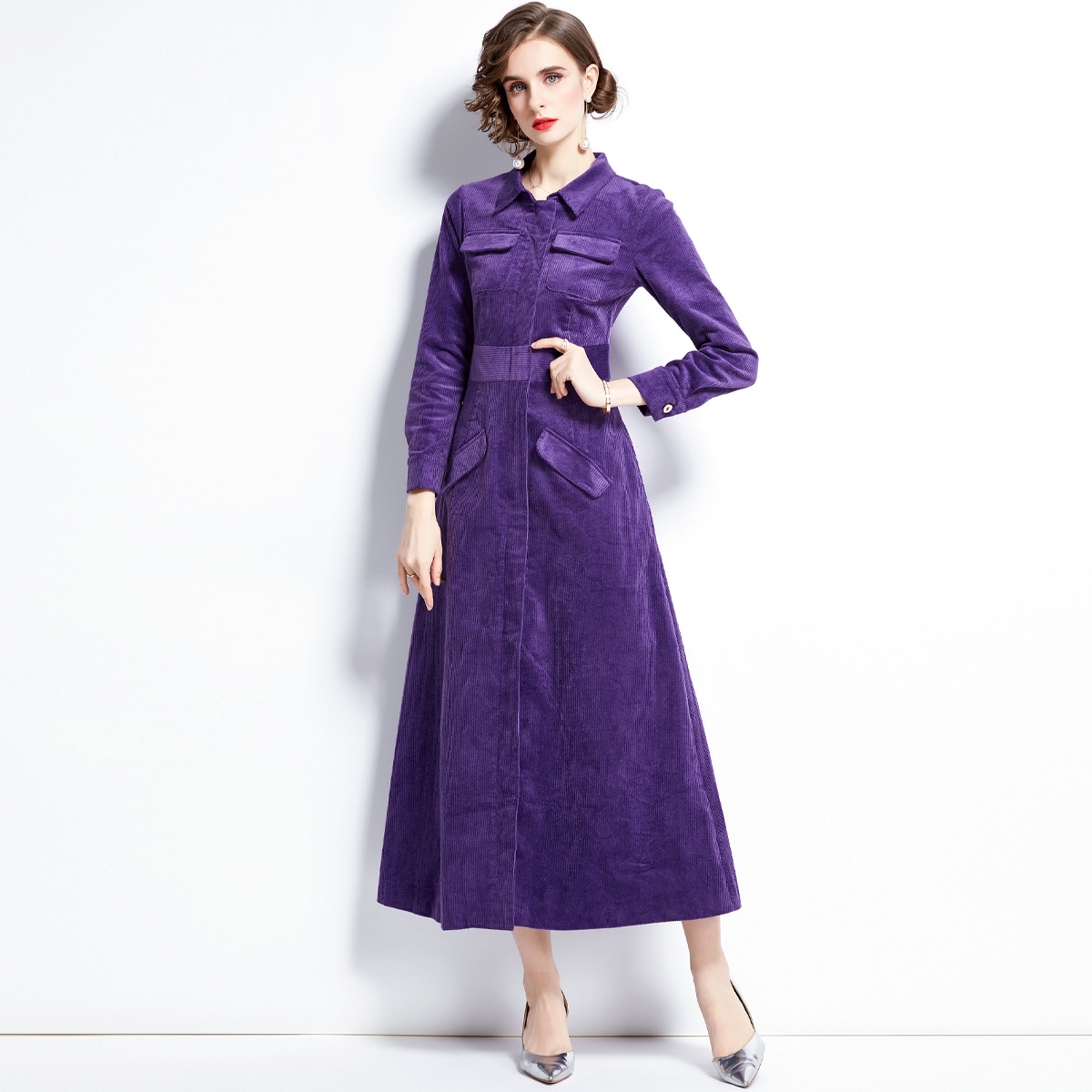 WOMENS SLIM FIT Fashion Overcoat Dress Corduroy Lapel Collar Long ...
