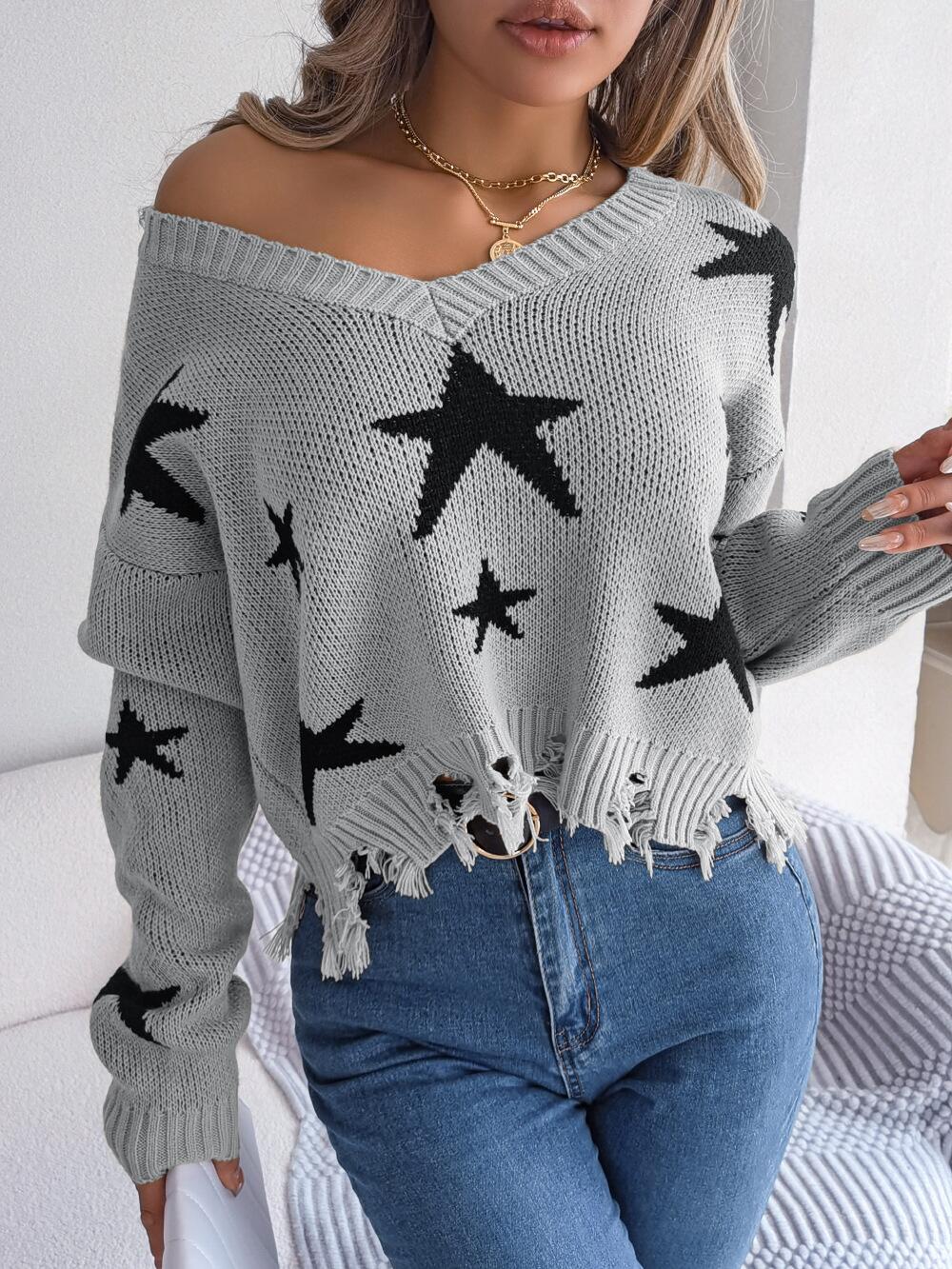 Star Pattern Distressed Detail Sweater