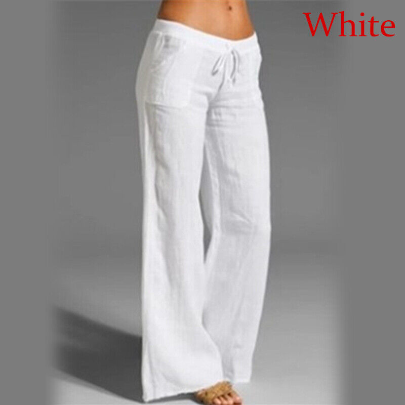 Baumwolle Damen Leinen Hose weites Bein Gummizug hohe Taille lose Hose Baggy Sommer - Bild 12 von 14