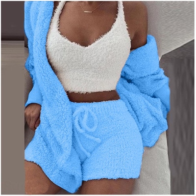 Women's Plush Home Wear Casual 3-Piece Pajama Long Sleeved Shorts Sports Set - Picture 17 of 26
