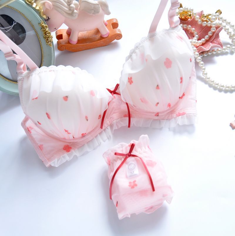 Japanese Women Printing Wireless Thin Cup Cute Gathering Sexy Underwear Bra Set - Picture 12 of 12