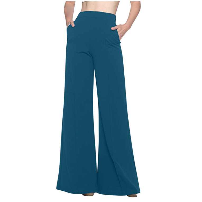 Womens Solid Color High Waist Loose Wide Legs Long Flare Trousers Fashion Pants - Picture 14 of 14