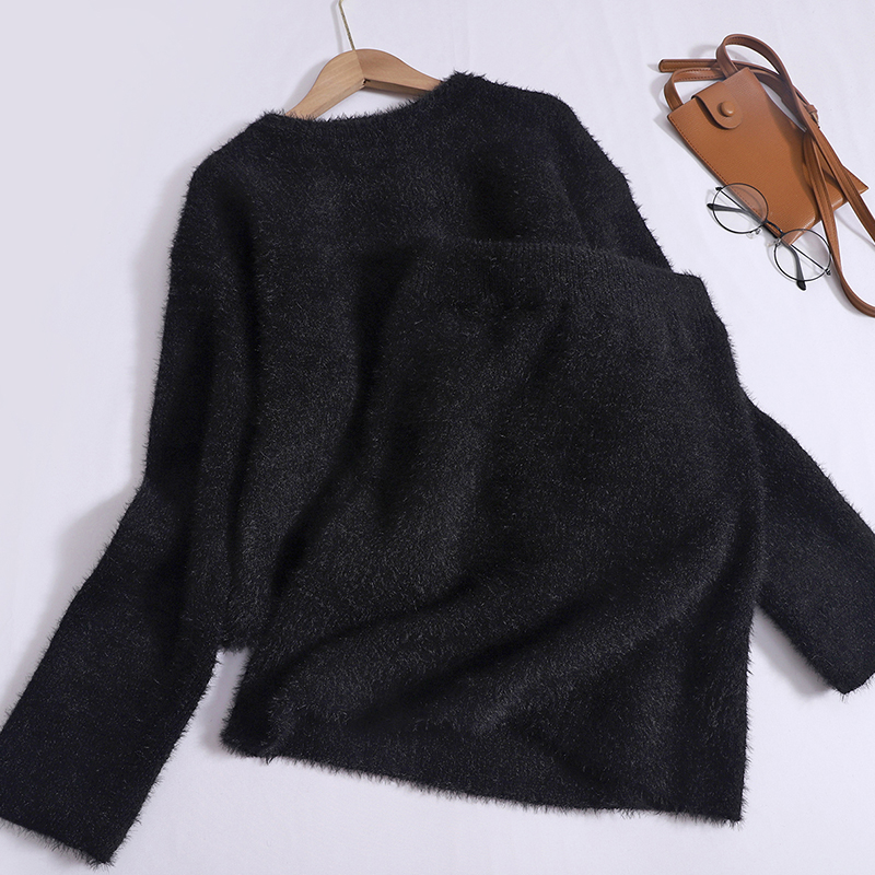 Womens Plush Faux Fur Round Neck Sweater Tops High Waist Wrap Skirt Suits 2Pcs