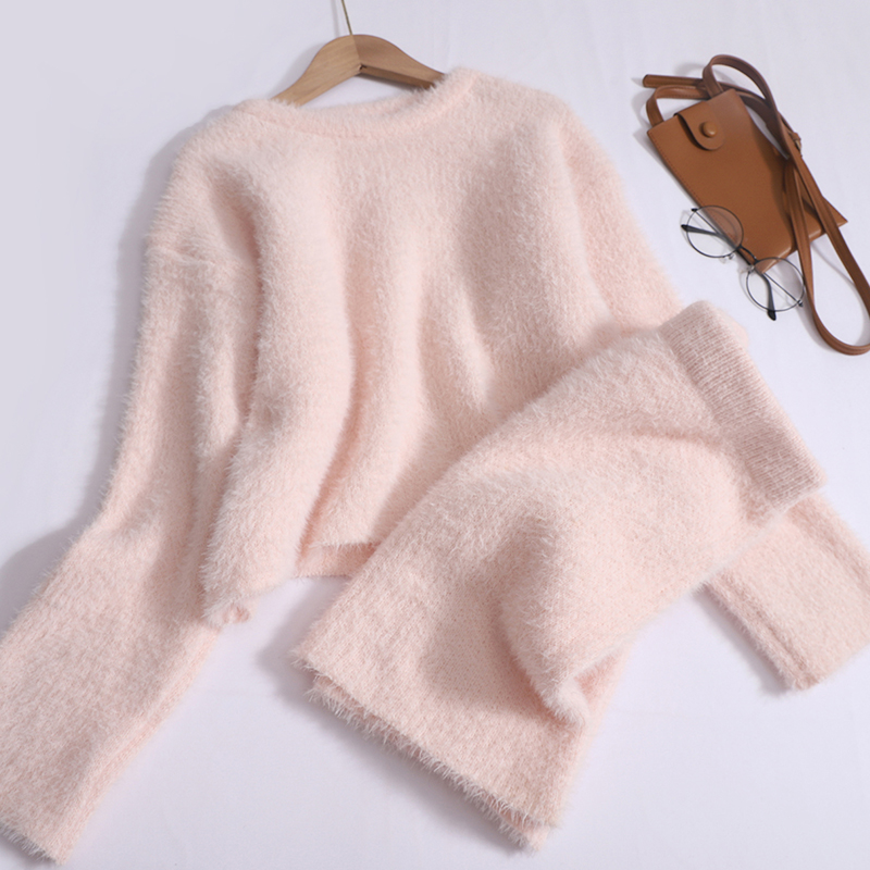 2Pcs Womens Plush Faux Fur Round Neck Sweater Tops High Waist Wrap Skirt Suits