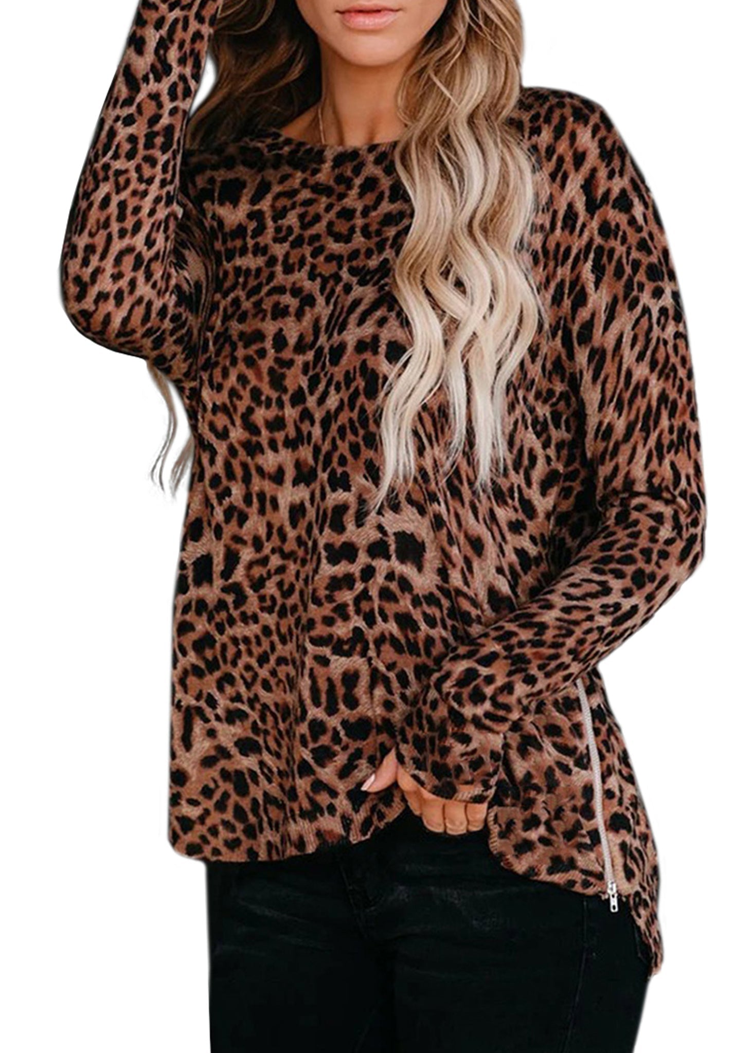 Leopard Long Sleeve Sweatshirt With Side Zippers