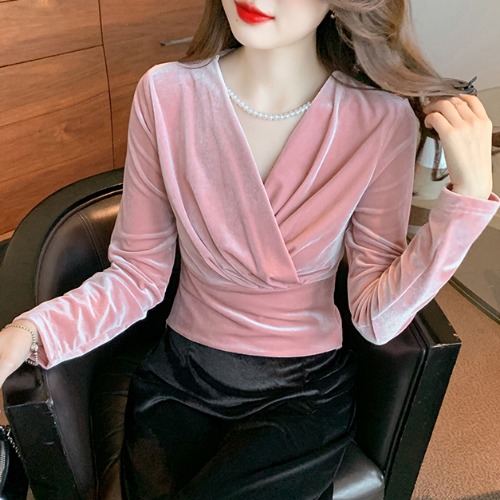 Womens Velvet V Neck Long Sleeves T-Shirt Slim Fit Fashion Short Blouse Tops Tee