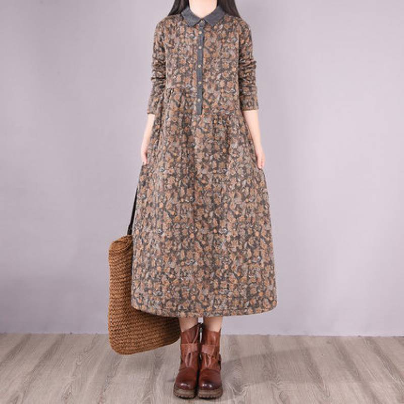 Womens Down Lapel Collar Long Sleeves Floral Print Button Padded Dress Winter - Picture 8 of 9