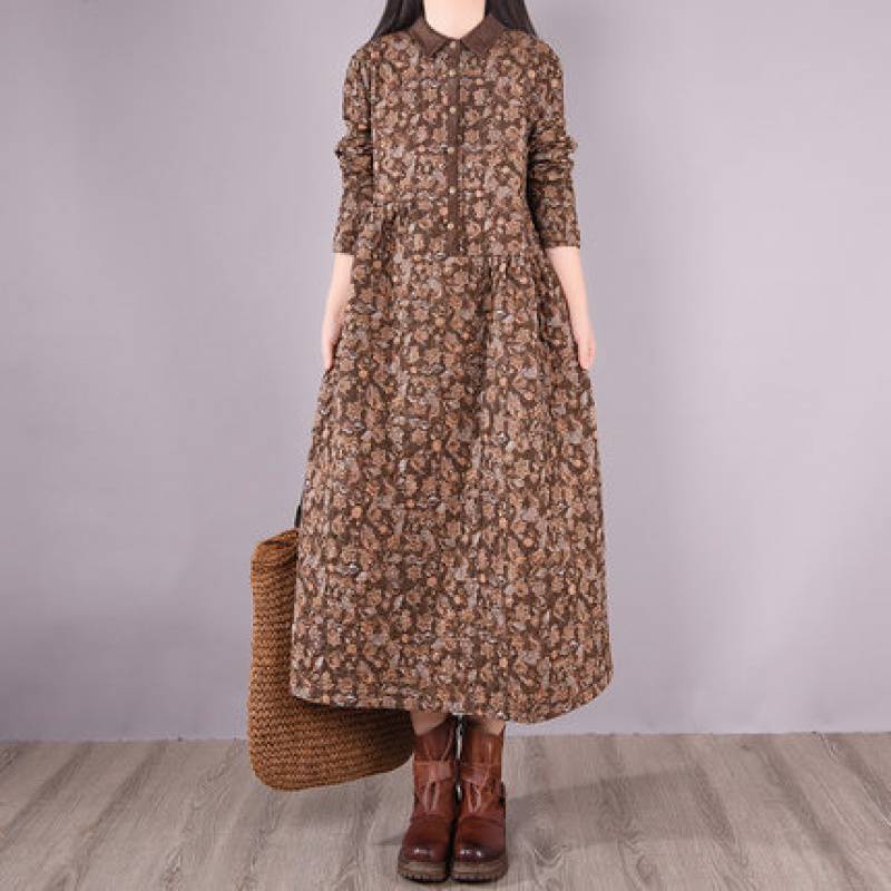 Womens Down Lapel Collar Long Sleeves Floral Print Button Padded Dress Winter - Picture 9 of 9
