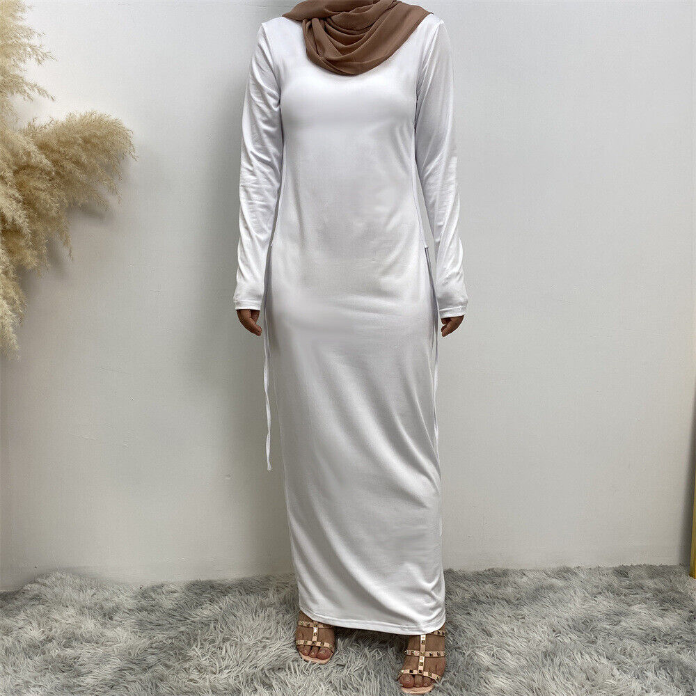 Elegant Women Bodycon Slim Dress Inner Abaya Gown Muslim Islamic Kaftan Robe