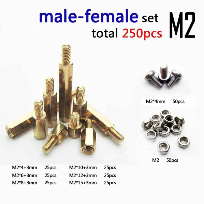 Male-Female Hex Brass Standoff Bolt Screw Nut Motherboard Assortment Kit 250Pcs