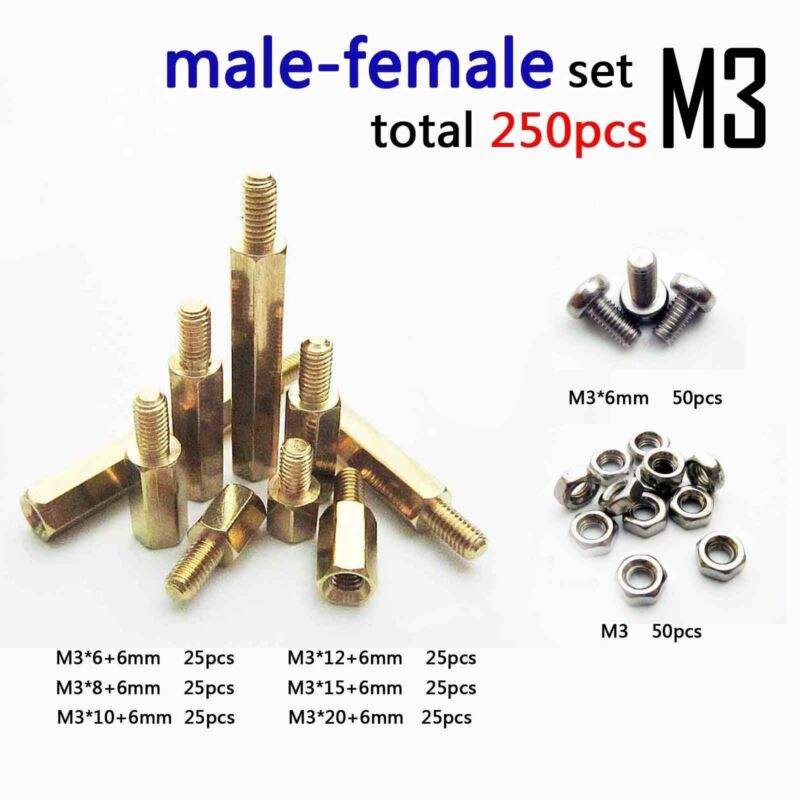 Male-Female Hex Brass Standoff Bolt Screw Nut Motherboard Assortment Kit 250Pcs