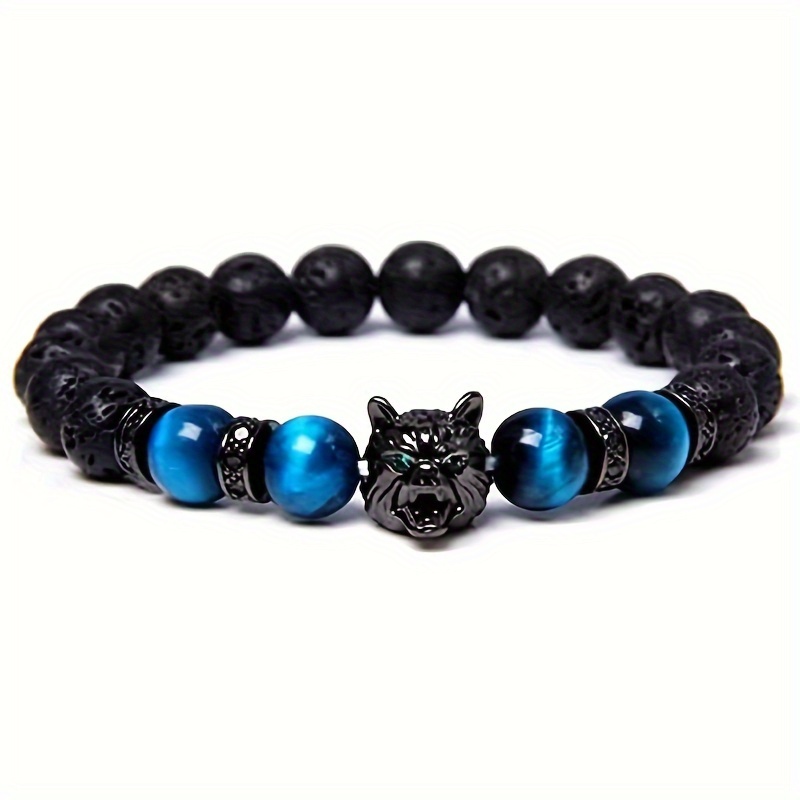 Wolf Head Men's Bracelet Tiger's Eye Volcanic Rock Handmade Bracelets Jewelry - Picture 13 of 21