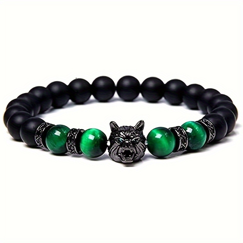 Wolf Head Men's Bracelet Tiger's Eye Volcanic Rock Handmade Bracelets Jewelry - Picture 15 of 21