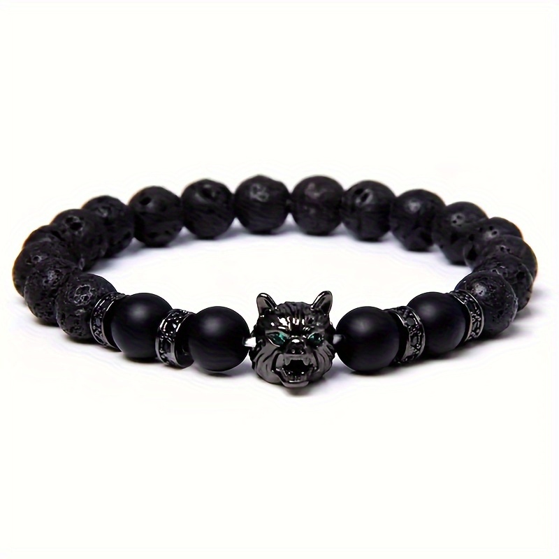 Wolf Head Men's Bracelet Tiger's Eye Volcanic Rock Handmade Bracelets Jewelry - Picture 16 of 21