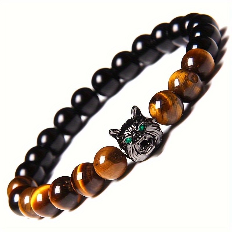 Wolf Head Men's Bracelet Tiger's Eye Volcanic Rock Handmade Bracelets Jewelry - Picture 17 of 21