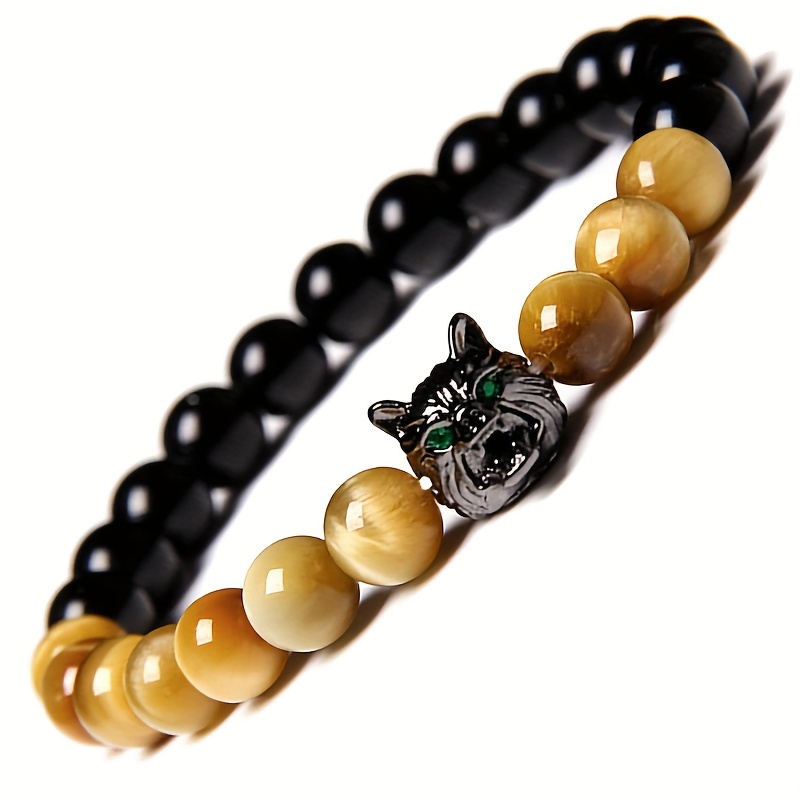 Wolf Head Men's Bracelet Tiger's Eye Volcanic Rock Handmade Bracelets Jewelry - Picture 20 of 21