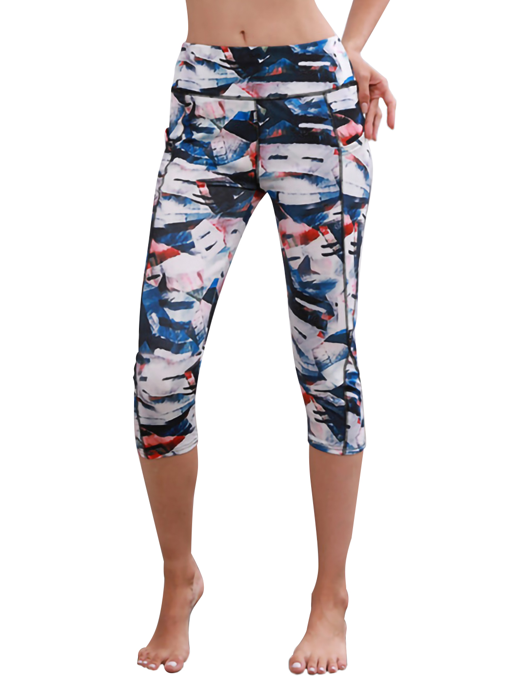 Printed High Waisted Blue White Yoga Gym Stretchy Capri Pants Leggings - Picture 23 of 25