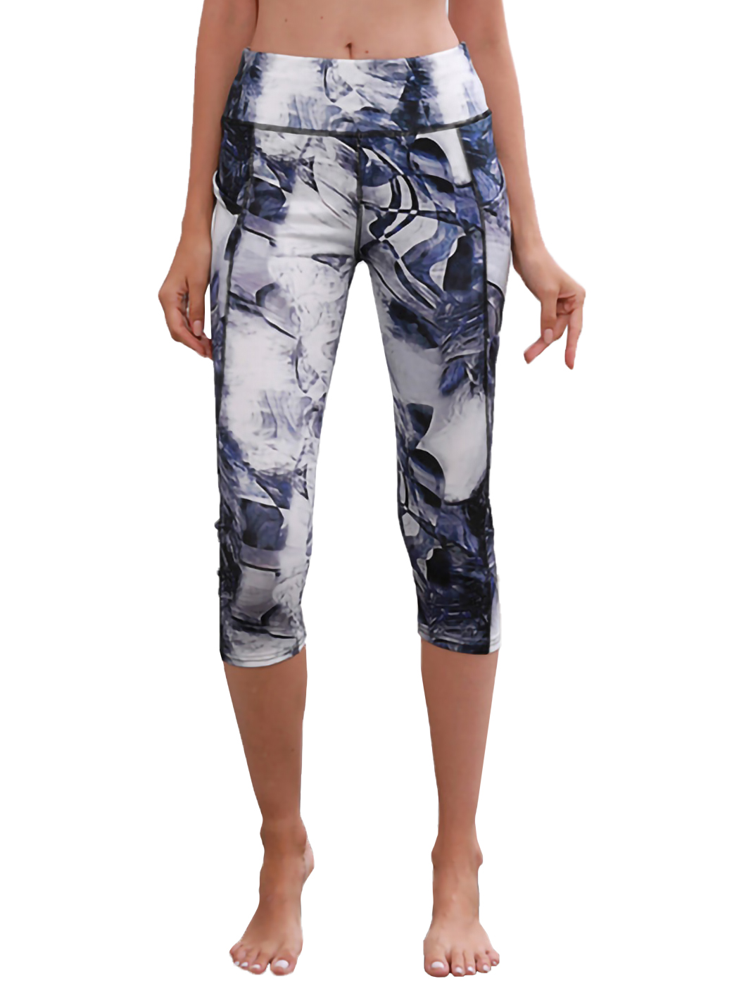 Printed High Waisted Blue White Yoga Gym Stretchy Capri Pants Leggings - Picture 22 of 25