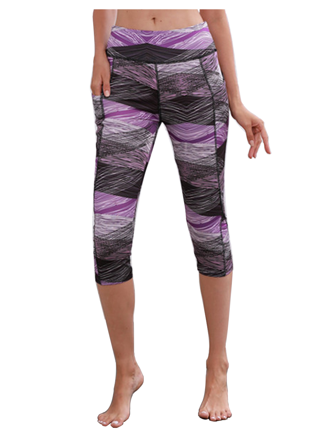 Printed High Waisted Blue White Yoga Gym Stretchy Capri Pants Leggings - Picture 24 of 25
