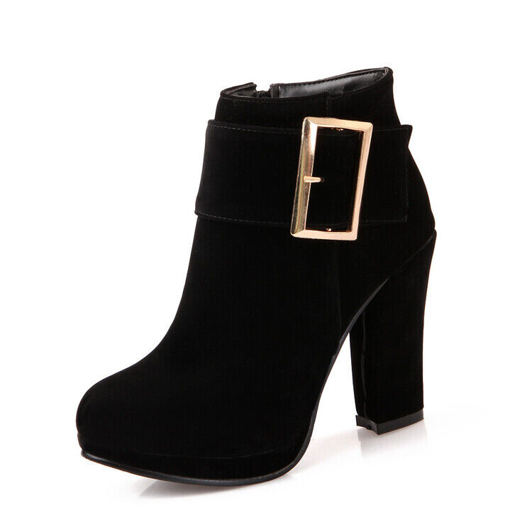 Women Booties Faux Suede Casual Buckle High Block Heel Platform Shoe Ankle Boots - Picture 19 of 21