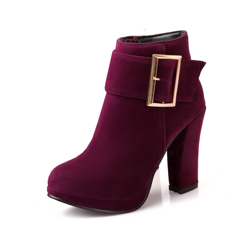 Women Booties Faux Suede Casual Buckle High Block Heel Platform Shoe Ankle Boots - Picture 20 of 21