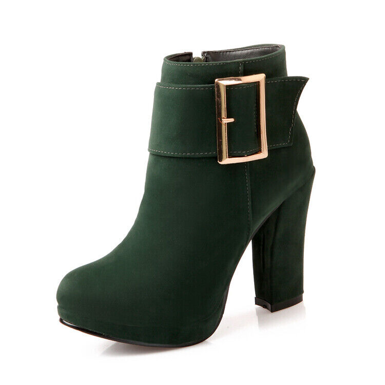 Women Booties Faux Suede Casual Buckle High Block Heel Platform Shoe Ankle Boots - Picture 21 of 21
