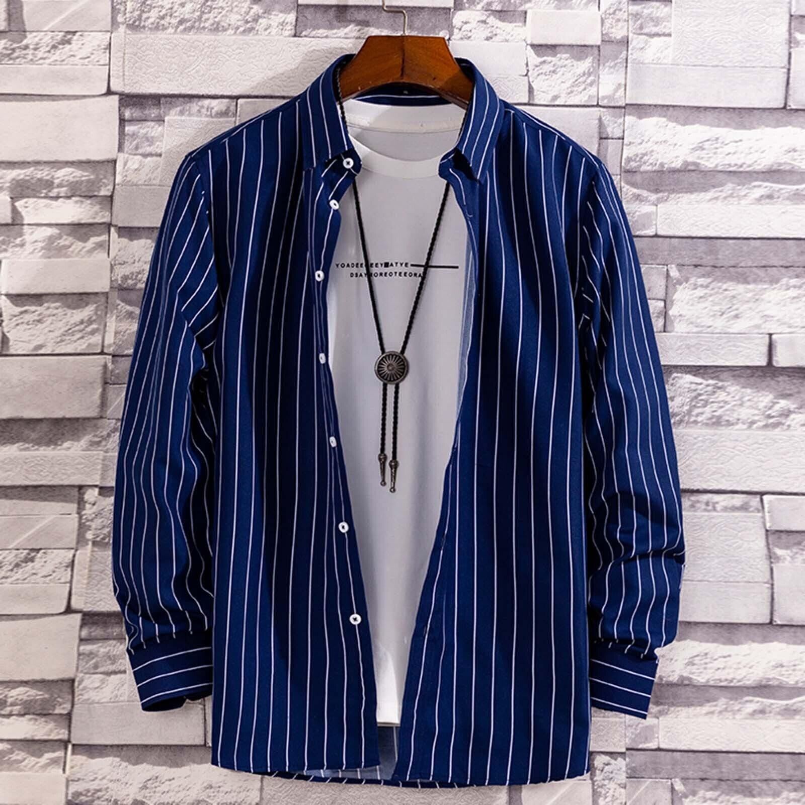 Camicia da lavoro uomo manica lunga righe coreana slim fit casual top blusa camicia elegante - Foto 14 di 15