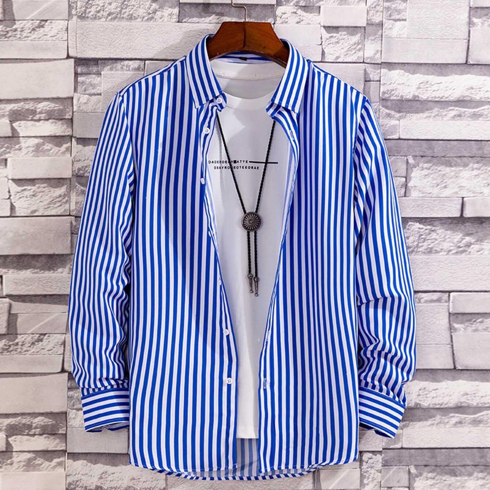 Camicia da lavoro uomo manica lunga righe coreana slim fit casual top blusa camicia elegante - Foto 13 di 15