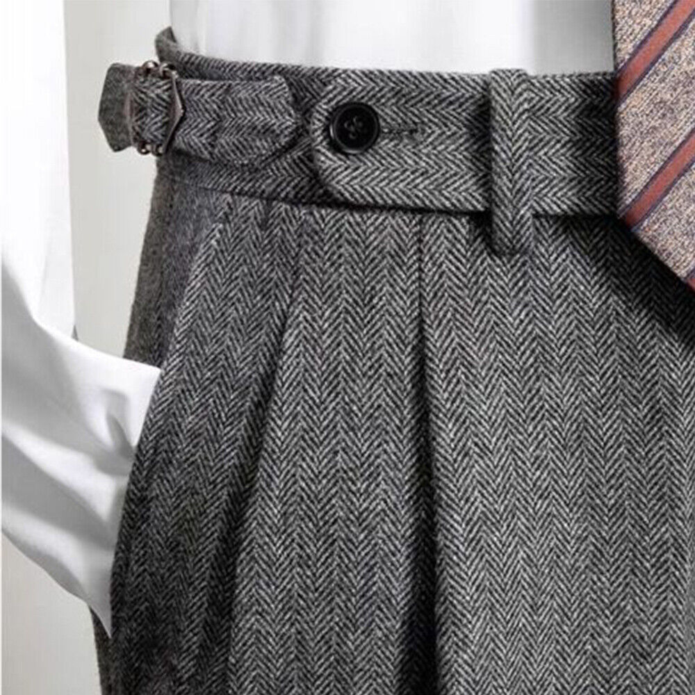 Retro Herren Tweed Fischgrät Hose Wolle Freizeit Business Hose - Bild 20 von 27