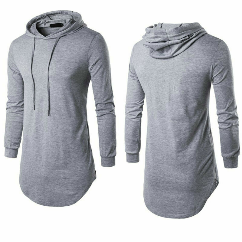 Mens Long Sleeve T Shirt Hooded Hoodie Slim Fit Hipster Hip Hop Casual Tee Tops