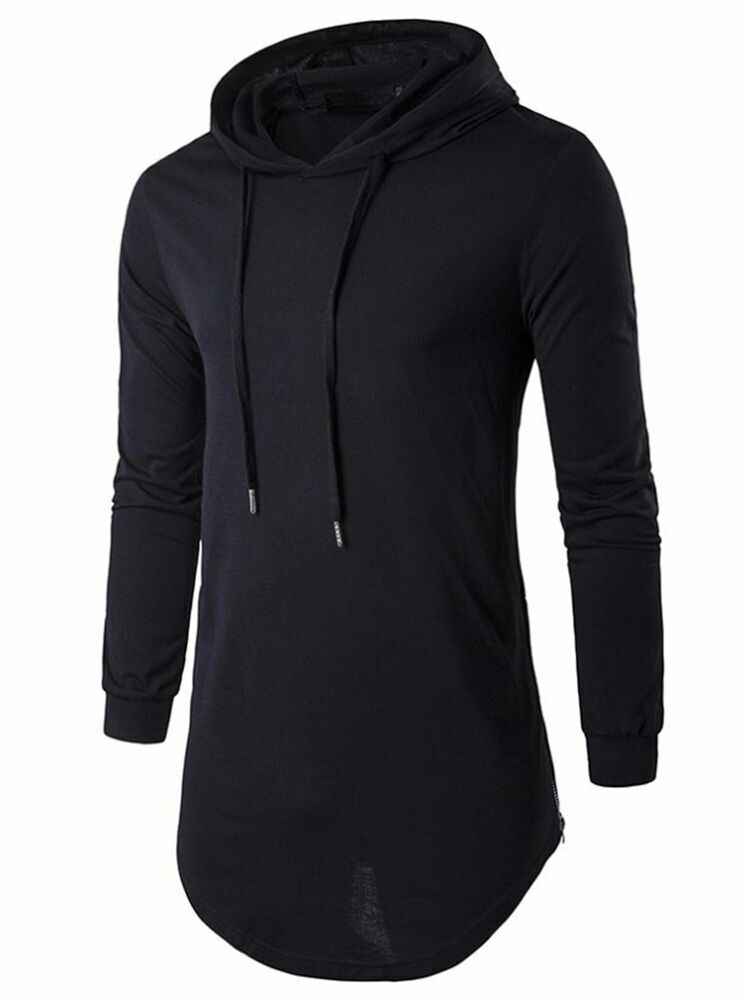 Mens Long Sleeve T Shirt Hooded Hoodie Slim Fit Hipster Hip Hop Casual Tee Tops