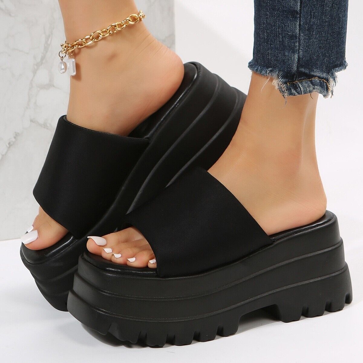 Women Summer Peep Toe Sandals Slippers High Wedge Heel Shoes Platform Shoes Size - Picture 18 of 24