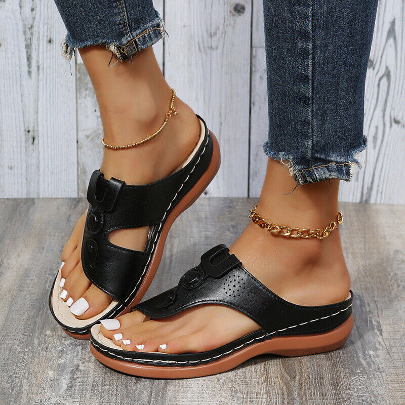 Womens Wedge Low Heel Casual Flip-flops Beach Slippers Round Open Toe Shoes - Picture 13 of 15