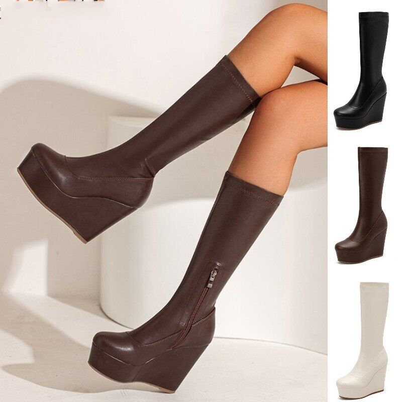 Women High Wedge Heels Shoes Stretchy Platform Mid Calf Boots Side Zipper Boots - Picture 2 of 26