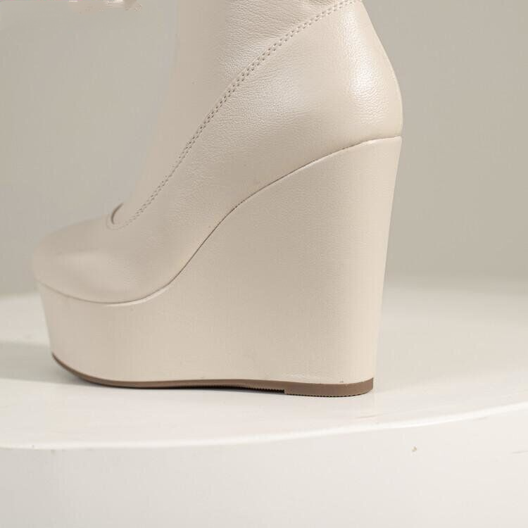 Women High Wedge Heels Shoes Stretchy Platform Mid Calf Boots Side Zipper Boots - Picture 6 of 26