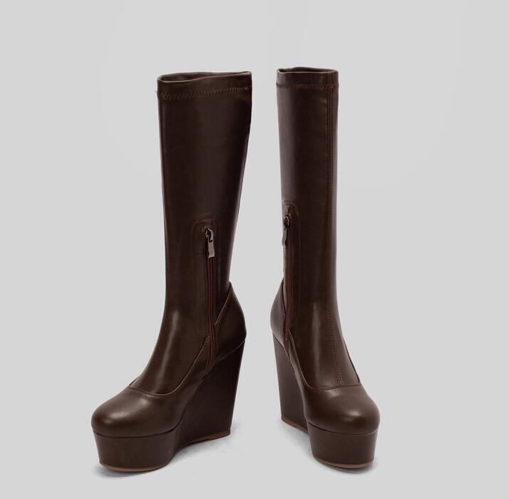 Women High Wedge Heels Shoes Stretchy Platform Mid Calf Boots Side Zipper Boots - Picture 21 of 26