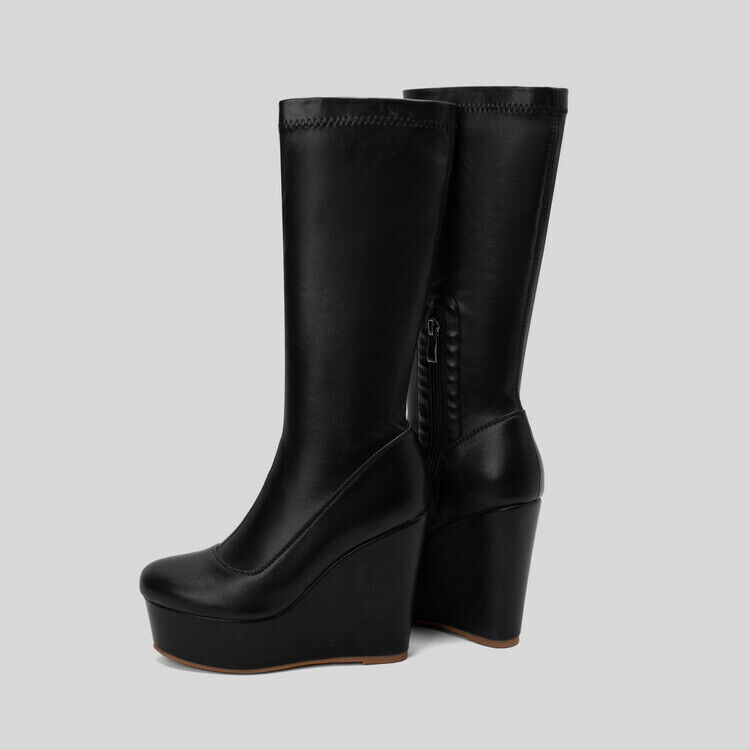 Women High Wedge Heels Shoes Stretchy Platform Mid Calf Boots Side Zipper Boots - Picture 22 of 26