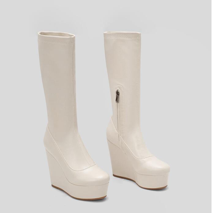 Women High Wedge Heels Shoes Stretchy Platform Mid Calf Boots Side Zipper Boots - Picture 23 of 26