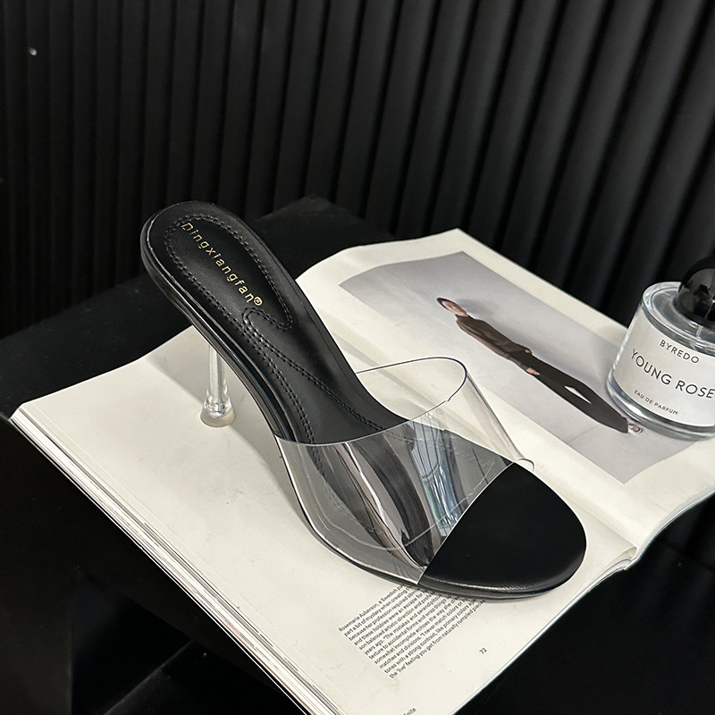 Sandalias para mujer con zapatillas cristalinas de mulas tacones altos punta abierta punta de aguja deslizantes - Imagen 12 de 15